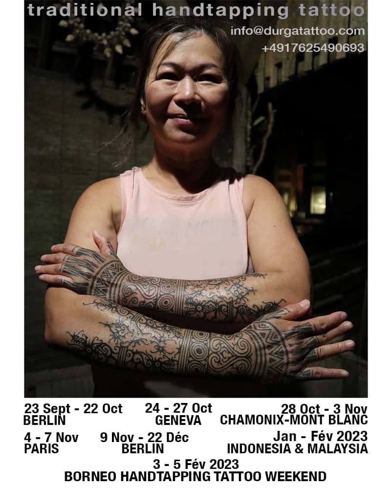 Upcoming Events listed below an image of a photograph showing a women with tranditional handtapped tattoos on her arms